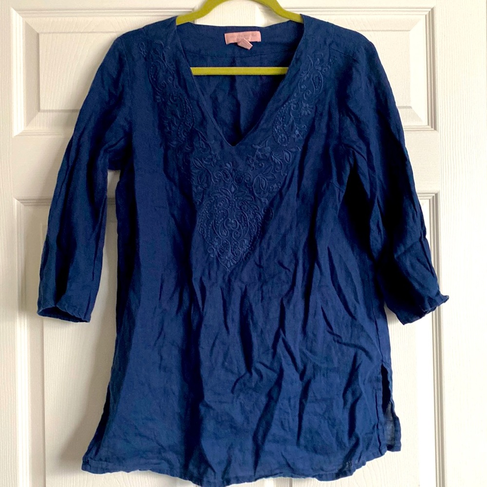 100% linen, 3/4 sleeve, navy blue tunic top with embroidered v-neck